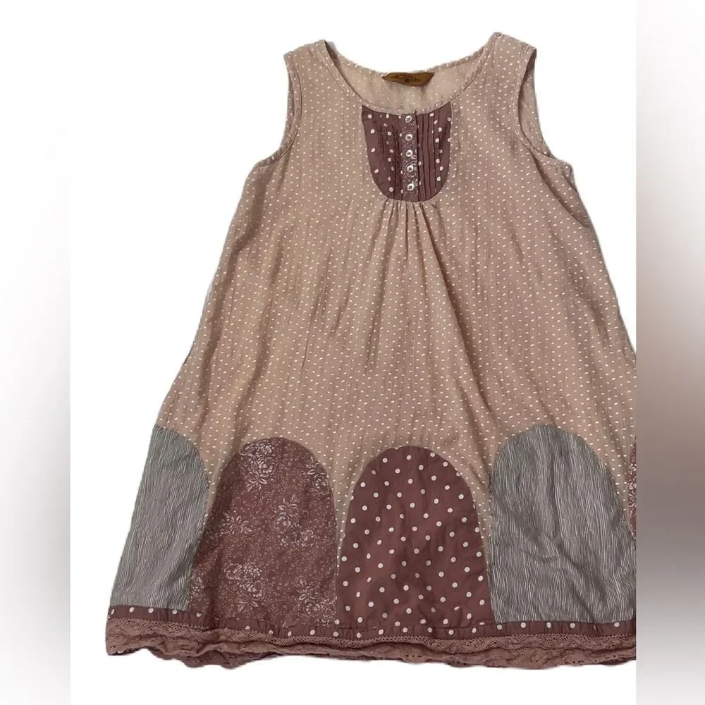 April Cornell Dress Gathered Lace Trim Dot Sleeveless Cream Tan Size S - Picture 5 of 13